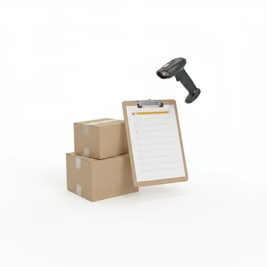 Dos cajas selladas junto a una tablilla con lista de verificación y un lector de código de barras.