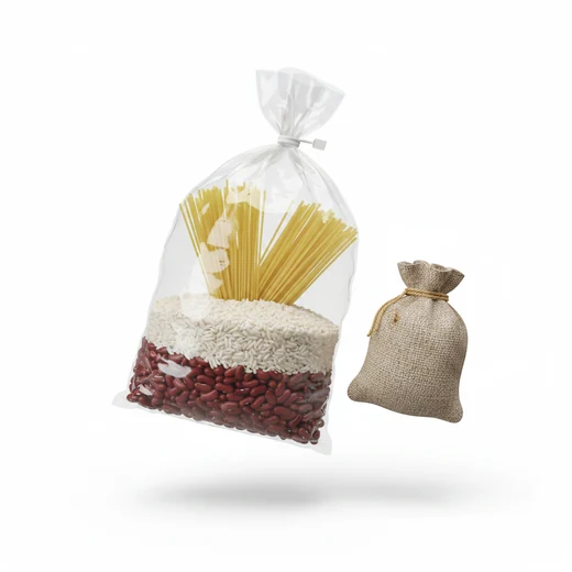 Bolsa transparente con espagueti, arroz y fríjol, junto a un saco de tela con grano.