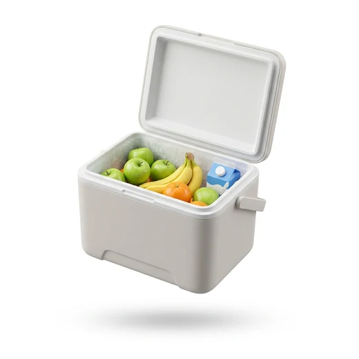 Nevera portátil abierta con fruta fresca y leche.