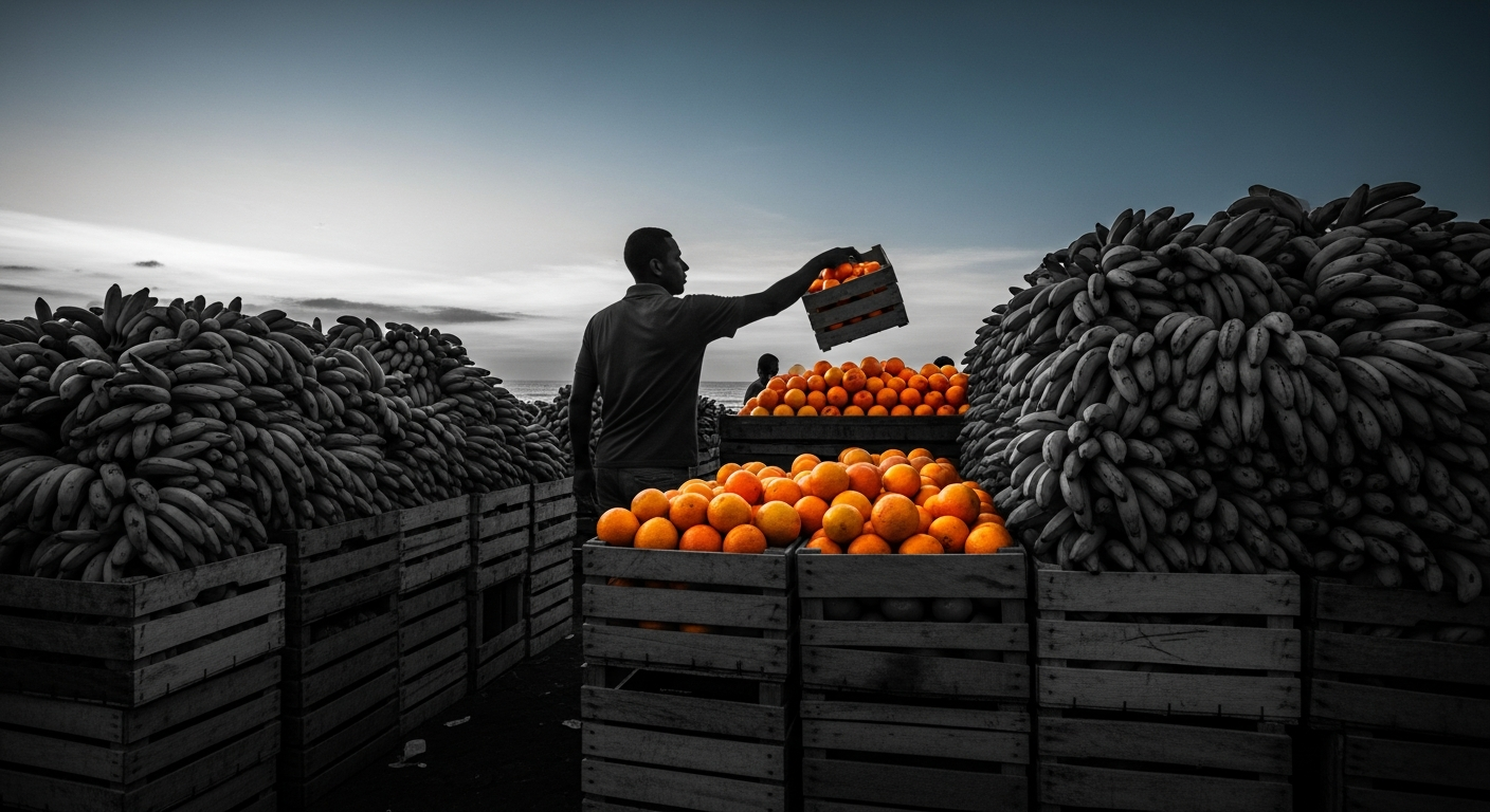 Compra de frutas y productos frescos en el mercado central al amanecer, con cajas de naranjas y bananos apiladas