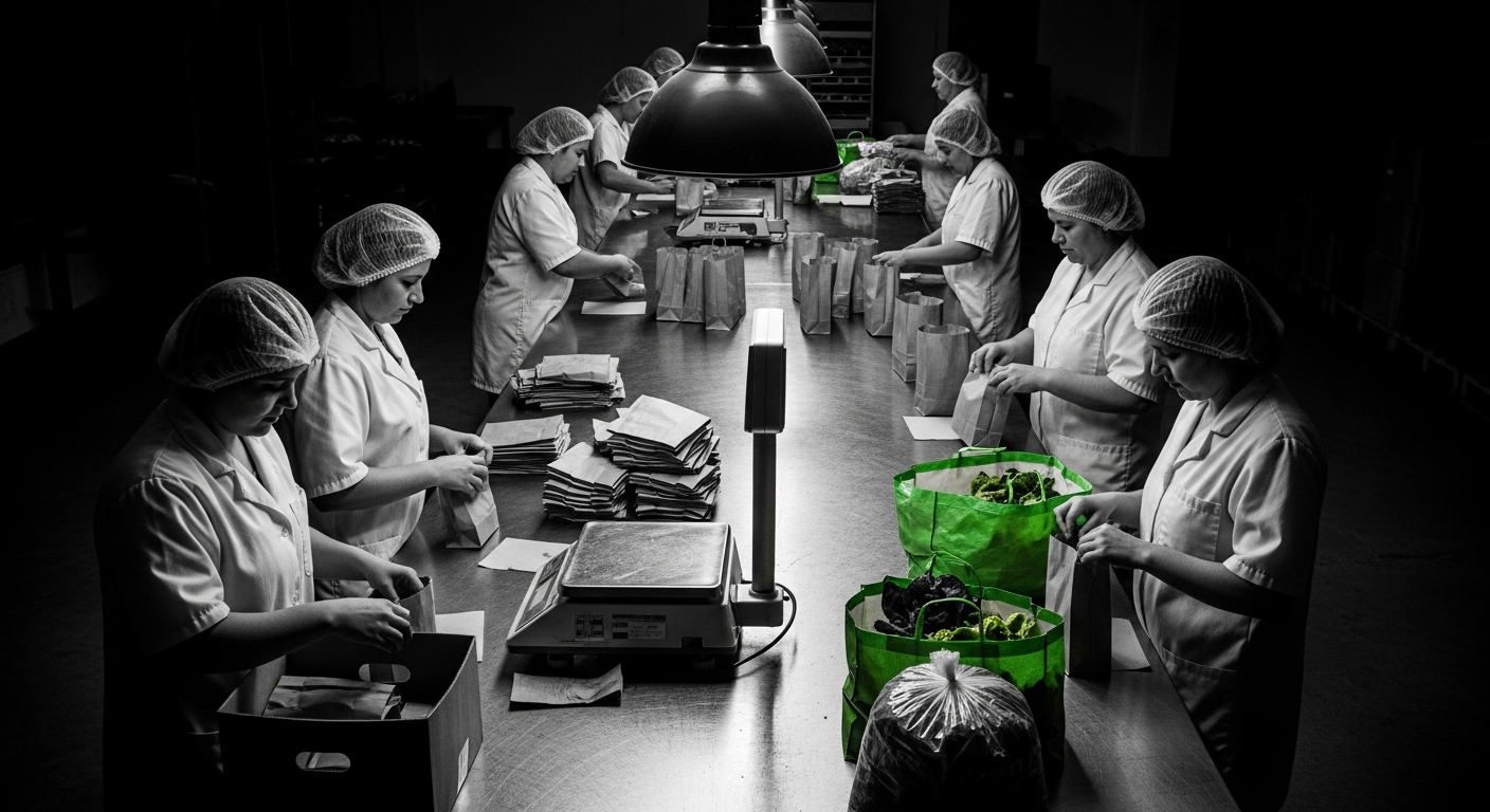 Operarios en l&iacute;nea de empaque dentro de la bodega, preparando canastas de alimentos con batas y gorros de protecci&oacute;n