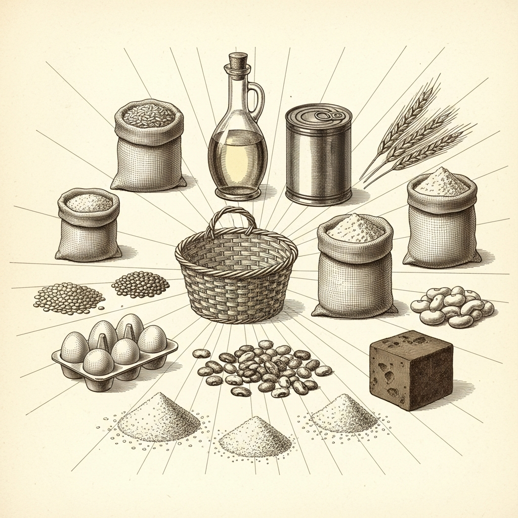 Ilustraci&oacute;n tipo l&aacute;mina bot&aacute;nica de una canasta RPP t&iacute;pica, mostrando arroz, aceite, leche en polvo, harina, lentejas, frijoles, az&uacute;car, sal, panela y huevos